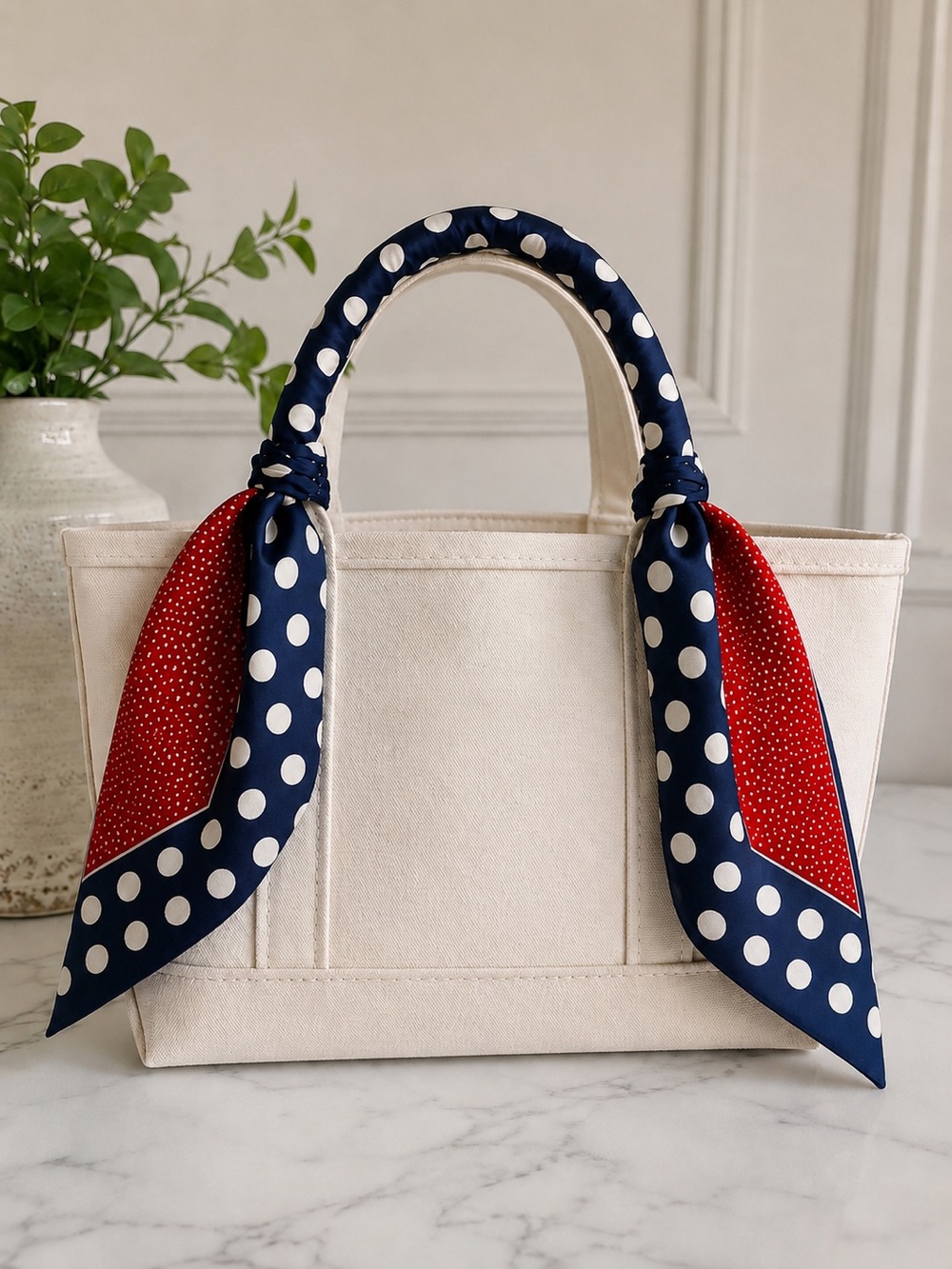 Vintage Red Navy Polka Dot Square Scarf | Coastal Nautical Bag Scarf